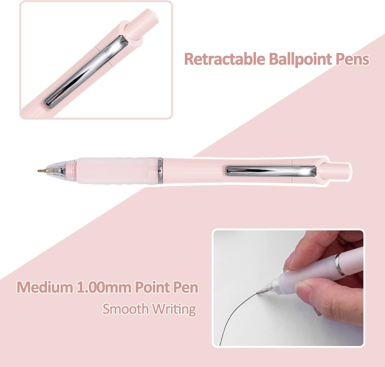 Ballpoint Pens 1.0mm Medium Point Black Ink, 6 Pack | Retractable Ball Point Pen with Soft Grip, Quick Drying, Smooth Writing Pens for Office School Supplies Journaling