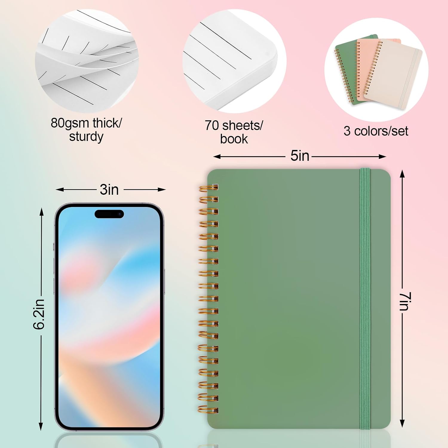 3 PCS Small Spiral Notebook 5x7, Notebooks for Note Taking, Spiral Journal Notebook, Work Notebook Small Notebooks 5x7 with Strap, Cute Notebooks for Women 70 Sheets/Note Books